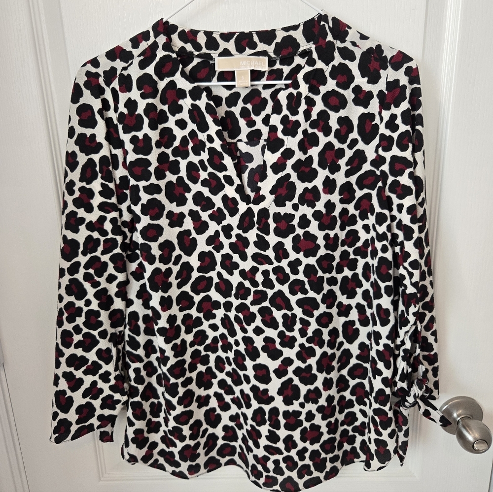 MICHAEL Michael Kors Black White and Maroon Leopard Print Blouse